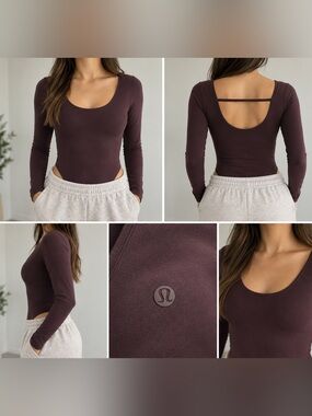 Lululemon Size 8 Long Sleeve Bodysuit Plum Burgundy Scoop Neck Athletic Yoga Top